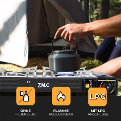 ZMC ZMC Gaskocher 2in1 Campingkocher Grillplatte mit Piezozundung + 16x Gaskartuschen, (2 Flammig Grill Platte Tischgrill Doppel Gasbrenner Gasgrill Kochfeld mit LPG Anschluss Warmeleistung: 2,3KW), Butan Gas 227g Gaskocher Outdoor Camping Gas Kocher Herd