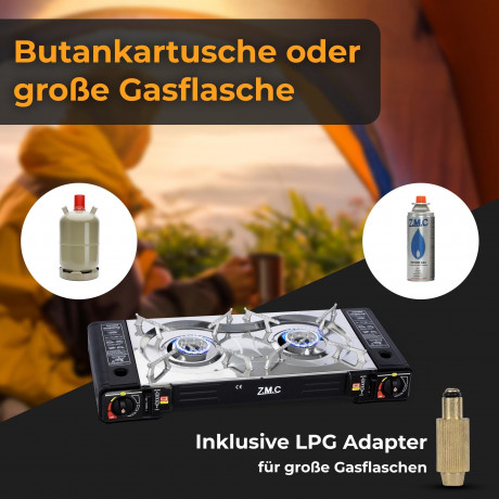 ZMC ZMC Gaskocher 2in1 Campingkocher Grillplatte mit Piezozundung + 16x Gaskartuschen, (2 Flammig Grill Platte Tischgrill Doppel Gasbrenner Gasgrill Kochfeld mit LPG Anschluss Warmeleistung: 2,3KW), Butan Gas 227g Gaskocher Outdoor Camping Gas Kocher Herd