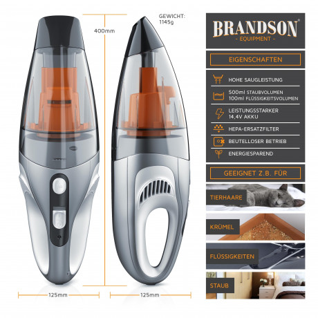 Brandson Brandson Akku-Handstaubsauger, 85 W, beutellos, Akku Handstaubsauger mit HEPA-Filter Beutellos  Беспроводной ручной пылесос Brandson 85 Вт Беспроводной ручной пылесос без мешка с HEPA-фильтром без мешка