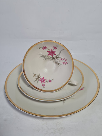 Чайное трио винтажное Bareuther Waldsassen Bavaria в бело-розовых тонах с растительным декором, фарфор, Германия, 1970-80гг.
