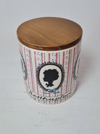 Сахарница винтажная SMF Schramberg с деревянной крышкой "Силуэты", фарфор, 11.5см, Германия, 1960-70гг.