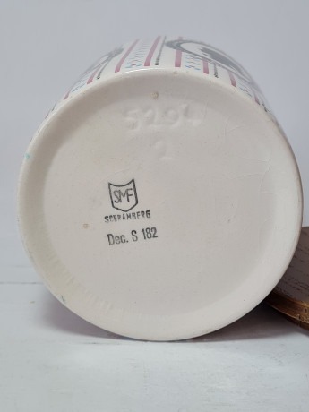 Сахарница винтажная SMF Schramberg с деревянной крышкой "Силуэты", фарфор, 11.5см, Германия, 1960-70гг.