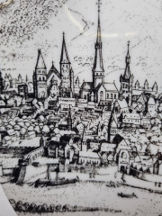 Altenkunststadt Декоративная квадратная тарелка в черно-белом цвете с изображением города Трир, 20 см, Германия, 1970-80гг.