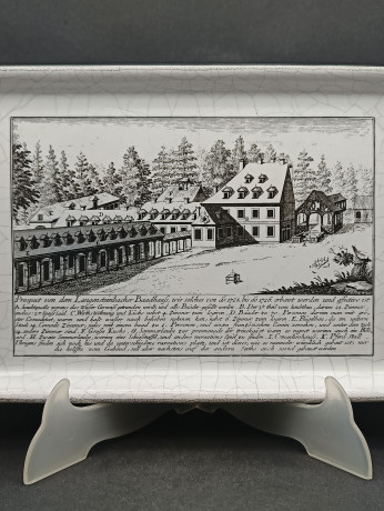Поднос винтажный Karlsruhe "Проспект Лангетштайнбахера в 1725 году", майолика, кракелюр / чб декор, керамика, 30 х 19 см, Германия, 1970-80гг.