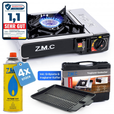 ZMC ZMC Gaskocher Edelstahl 1 flammig Campingkocher Gaskocher Grillplatte+4 Gaskartusche, (Grill Platte Tischgrill Doppel Gasbrenner Gasgrill Kochfeld mit Piezozundung Warmeleistung: 2,2KW), Butan Gas 227g Gaskocher Outdoor Camping Gas Kocher Herd Butanga