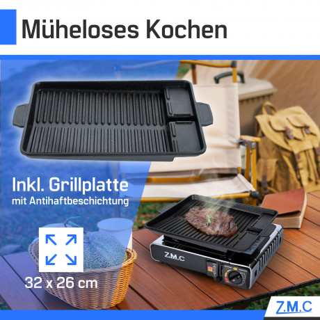 ZMC ZMC Gaskocher Edelstahl 1 flammig Campingkocher Gaskocher Grillplatte+4 Gaskartusche, (Grill Platte Tischgrill Doppel Gasbrenner Gasgrill Kochfeld mit Piezozundung Warmeleistung: 2,2KW), Butan Gas 227g Gaskocher Outdoor Camping Gas Kocher Herd Butanga