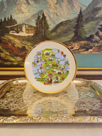 Декоративная тарелка винтажная с картой и достопримечательностями Дании, 19 x 2 см, Дания, 1960-70гг.
