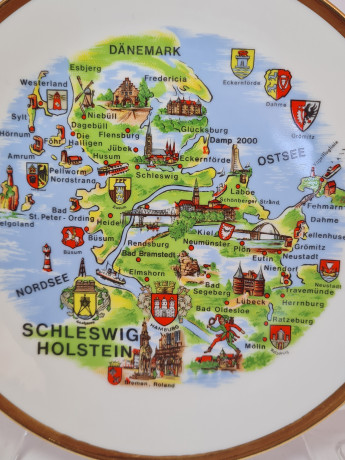 Декоративная тарелка винтажная с картой и достопримечательностями Дании, 19 x 2 см, Дания, 1960-70гг.