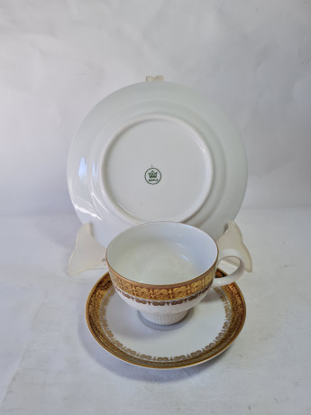 Чайное трио винтажное Kahla GDR с бронзово-золотым узором, фарфор, ГДР, 1960-70гг.