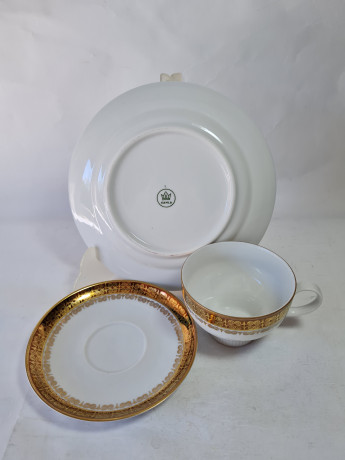 Чайное трио винтажное Kahla GDR с бронзово-золотым узором, фарфор, ГДР, 1960-70гг.