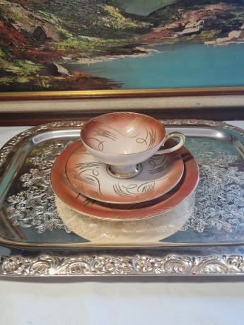 Johann Seltmann Vohenstrauß Bavaria Чайное трио в коричнево-белых тонах с позолоченным узором, Германия, 1960-70гг.