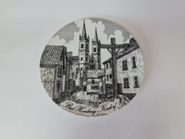 Тарелка декоративная винтажная Bareuther Bavaria с видами г. Кирдорф, Германия, 20 см, 1950-60гг.