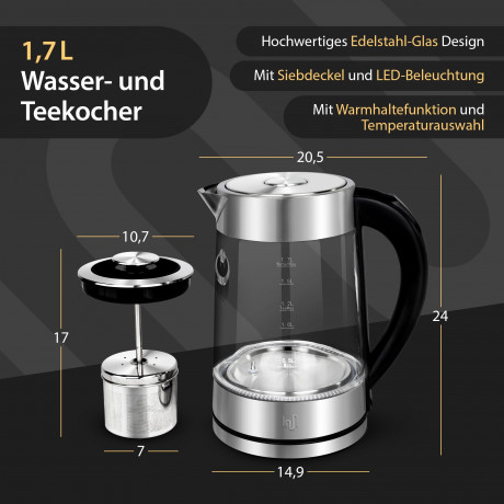 Impolio Impolio Wasser-/Teekocher Glas Wasserkocher mitTemp.-Einstellung, Teesieb  TUV Sud GS-Zert., 2200 W  Стеклянный чайник для воды/чая Impolio с регулировкой температуры, ситечко для чая, сертификат TUV Sud GS, 2200 Вт