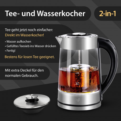 Impolio Impolio Wasser-/Teekocher Glas Wasserkocher mitTemp.-Einstellung, Teesieb  TUV Sud GS-Zert., 2200 W  Стеклянный чайник для воды/чая Impolio с регулировкой температуры, ситечко для чая, сертификат TUV Sud GS, 2200 Вт