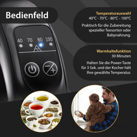 Impolio Impolio Wasser-/Teekocher Glas Wasserkocher mitTemp.-Einstellung, Teesieb  TUV Sud GS-Zert., 2200 W  Стеклянный чайник для воды/чая Impolio с регулировкой температуры, ситечко для чая, сертификат TUV Sud GS, 2200 Вт