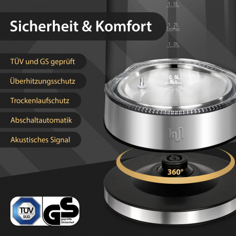 Impolio Impolio Wasser-/Teekocher Glas Wasserkocher mitTemp.-Einstellung, Teesieb  TUV Sud GS-Zert., 2200 W  Стеклянный чайник для воды/чая Impolio с регулировкой температуры, ситечко для чая, сертификат TUV Sud GS, 2200 Вт