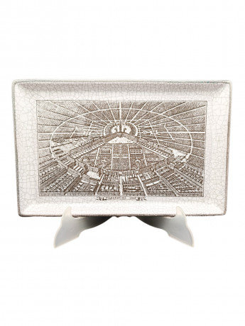 Поднос винтажный Karlsruhe "Карлспуэ в 1715 году", майолика, кракелюр / чб декор, керамика, 30 х 19 см, Германия, 1970-80гг.