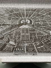 Поднос винтажный Karlsruhe "Карлспуэ в 1715 году", майолика, кракелюр / чб декор, керамика, 30 х 19 см, Германия, 1970-80гг.