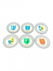 Набор тарелок винтажных DBGM "Герб Райнхайма", "Герб Буттенхайма", "Герб Филипсбурга", "Герб Кирлаха",  "Герб общины Райнхаузен",  "Герб города Оберхаузен", олово, 6 шт, 10 см, Германия, 1970-80гг.