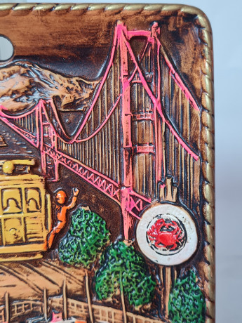 Резная разноцветная картина из дерева винтажная "Сан-Франциско" SNCO, 15,5 x 15,5 x 1,5 см, США, 1960-70гг.