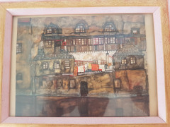 Картина винтажная "Стена дома у реки" Egon Schiele, деревянная рама, 22 x 17 см, Германия, 1960-70гг.