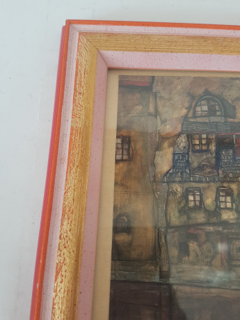 Картина винтажная "Стена дома у реки" Egon Schiele, деревянная рама, 22 x 17 см, Германия, 1960-70гг.