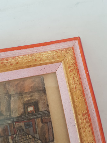 Картина винтажная "Стена дома у реки" Egon Schiele, деревянная рама, 22 x 17 см, Германия, 1960-70гг.