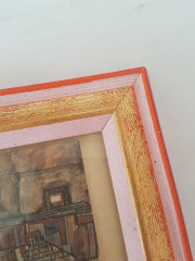 Картина винтажная "Стена дома у реки" Egon Schiele, деревянная рама, 22 x 17 см, Германия, 1960-70гг.