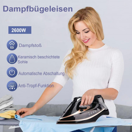 Mutoy Mutoy Dampfbugeleisen Bugeleisen,Dampfbugeleisen 70 g/min Dampf, 120g Extra-Dampfstoss, 2600,00 W, 300ml Wassertank,Keramik-Bugelsohle, Selbstreinigungs, Antikalk Schwarz-Gold Паровой утюг Mutoy, паровой утюг, пар 70 г/мин, дополнительный паровой уд
