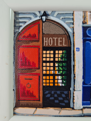 Картина винтажная ZODay "Бистро при отеле", в белой раме, 16,5 x 12,5 см, Германия, 1960-70гг.