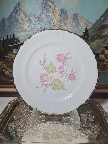 Блюдо винтажное Bavaria "Розовые цветы" с золотой каймой, фарфор, 31.5 см, Германия, 1960-70гг.