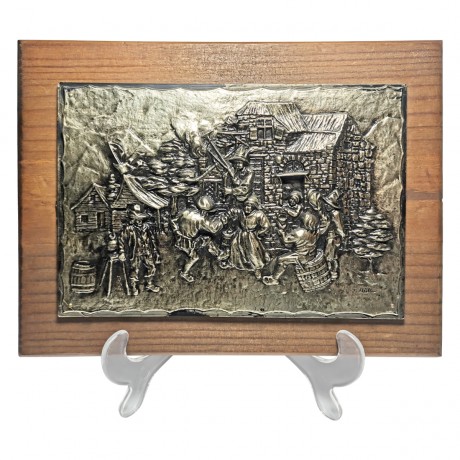 German Panno, Картина-панно оловянная в деревянной раме "Деревенские пляски", 26см х 20 см х 3 см, Германия 1960г.