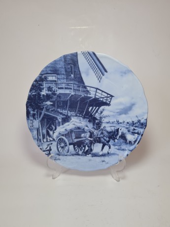 Scherzer Декоративная тарелка с подвесом "Повозка у мельницы" Дельфтский фарфор, Голландия/Германия, 24 см, 1984г