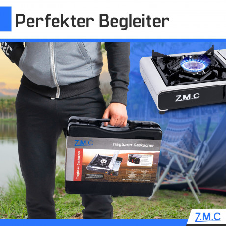 ZMC ZMC Gaskocher Edelstahl Gaskocher 1-flammig + Aufbewahrungskoffer + 24 Gaskartuschen, (Butangas Campingkocher fur Innenraum/Outdoor, Campinggaskocher 2,2 kW mit Piezozundung), Kochfeld Herd Gaskocher mit Kartusche, Gaskochfeld fur Camping  Газовая пли