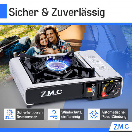 ZMC ZMC Gaskocher Edelstahl Gaskocher 1-flammig + Aufbewahrungskoffer + 24 Gaskartuschen, (Butangas Campingkocher fur Innenraum/Outdoor, Campinggaskocher 2,2 kW mit Piezozundung), Kochfeld Herd Gaskocher mit Kartusche, Gaskochfeld fur Camping  Газовая пли
