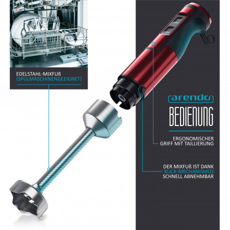 Arendo Arendo Stabmixer, 1000 W, Edelstahl Purierstab in rot, Handmixer mit Becher, stufenlose Regelung  Ручной блендер Arendo, 1000 Вт, очищающий стержень из нержавеющей стали красного цвета, ручной миксер с чашкой, бесступенчатое управление