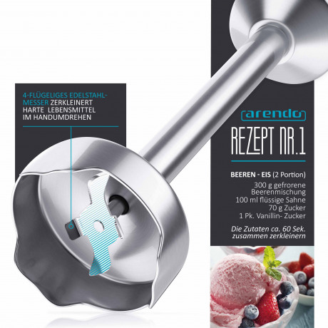 Arendo Arendo Stabmixer, 1000 W, Edelstahl Purierstab in rot, Handmixer mit Becher, stufenlose Regelung  Ручной блендер Arendo, 1000 Вт, очищающий стержень из нержавеющей стали красного цвета, ручной миксер с чашкой, бесступенчатое управление