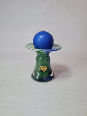 Подсвечник винтажный Glaskunstler Peter Kaspar, стеклянный в зелено-голубых тонах с синей круглой свечой, 8 x 8,5 см, Германия, 1960-70гг.