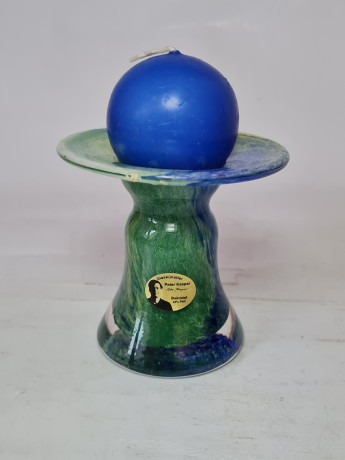 Подсвечник винтажный Glaskunstler Peter Kaspar, стеклянный в зелено-голубых тонах с синей круглой свечой, 8 x 8,5 см, Германия, 1960-70гг.