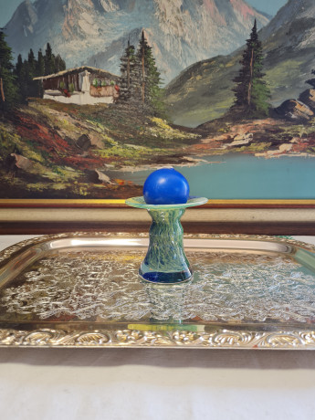 Подсвечник винтажный Glaskunstler Peter Kaspar, стеклянный в зелено-голубых тонах с синей круглой свечой, 8 x 8,5 см, Германия, 1960-70гг.