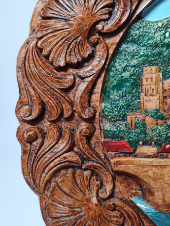 Резная разноцветная тарелка из дерева винтажная "г. Гейдельберг " Geschnitztes Holzwandteller, 24 x 3 см, Германия, 1960-70гг.