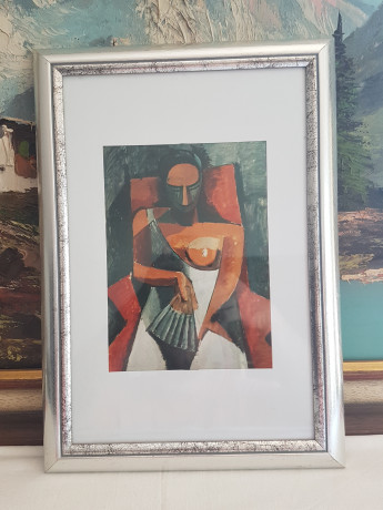 Картина винтажная "Женщина с веером " Пабло Пикассо, деревянная рама, 24 x 34 см, Германия, 1960-70гг.