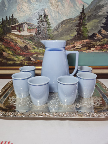 Набор чайный винтажный Lilien Porzellan в голубых тонах: кувшин, 6 чашек, Австрия, 1960-70гг.