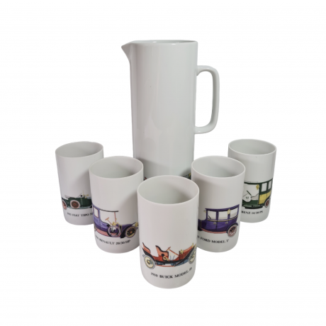 Кувшин со стаканами (5 шт.) Thomas с изображениями ретро автомобилей, фарфор, Германия, 1960-70гг.