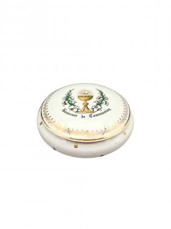 Шкатулка-бонбоньерка винтажная Porcelain De Luxe "Сувенир о причастии", фарфор, 13 х 6 см, Франция, 1950-60гг.