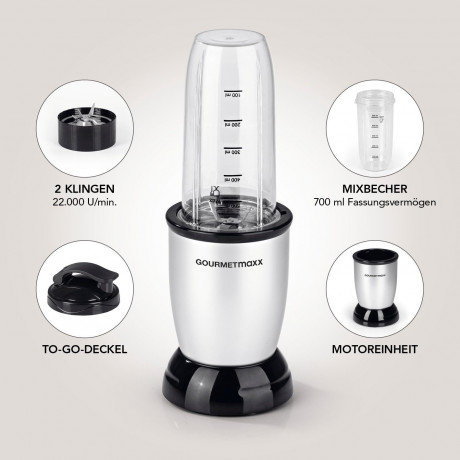 GOURMETmaxx GOURMETmaxx Smoothie-Maker Nutrition Mixer 4-tlg., 500,00 W, inkl. To Go Deckel, Mixbecher 700ml  Миксер для питания GOURMETmaxx Smoothie-Maker, 4 предмета, 500,00 Вт, включая крышку To Go, чашку для смешивания 700 мл
