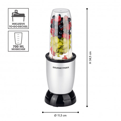 GOURMETmaxx GOURMETmaxx Smoothie-Maker Nutrition Mixer 4-tlg., 500,00 W, inkl. To Go Deckel, Mixbecher 700ml  Миксер для питания GOURMETmaxx Smoothie-Maker, 4 предмета, 500,00 Вт, включая крышку To Go, чашку для смешивания 700 мл