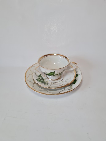 CHODZIEZ Винтажное Чайное трио "Ландыши" с фактурным узором и обильной позолотой, Польша, 1960-70гг.