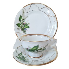 CHODZIEZ Винтажное Чайное трио "Ландыши" с фактурным узором и обильной позолотой, Польша, 1960-70гг.