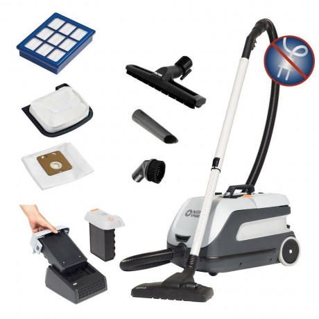 Nilfisk Nilfisk Akku-Bodenstaubsauger VP600 BATTERY m. 2 Batterien, Akku Staubsauger, kabellos, 8 Liter Staubbeutel, bis zu 60 min Arbeitszeit, Batterie, Sauger, sehr niedriger Gerauschpegel, Kurze Ladezeiten, hohe Saugleistung, fur Buro Hotel Schule, gra